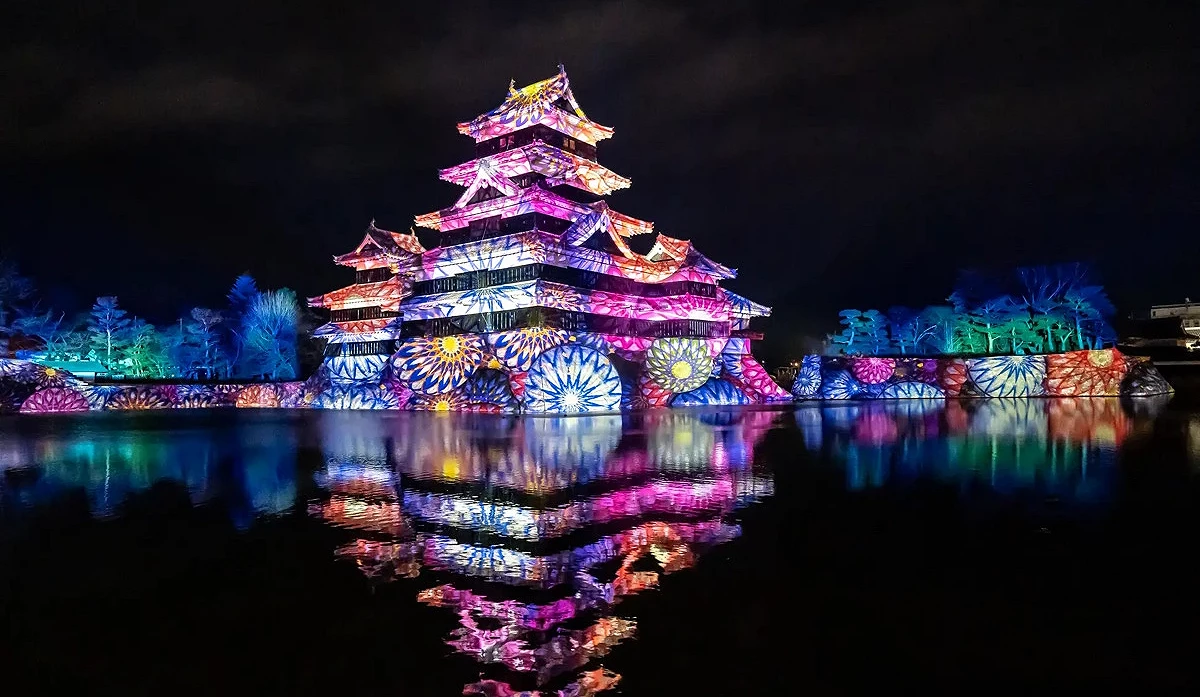 夜晚的日本城堡打上紫色系的絢麗投影