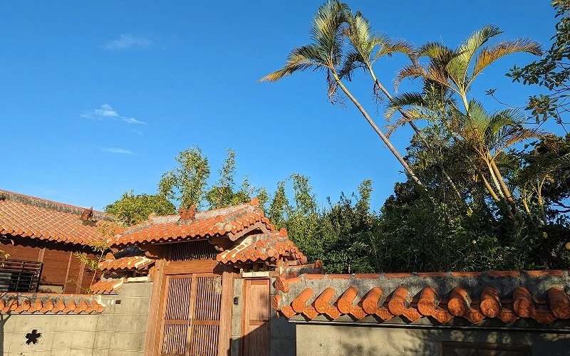 傳統紅瓦屋頂與木門的庭院外觀，背景有棕櫚樹與藍天