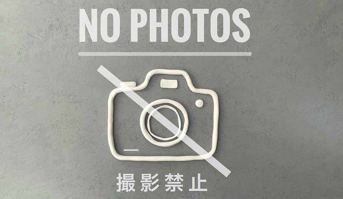 寫有「NO PHOTOS 撮影禁止」的白色標誌,圖案是相機被一條線劃掉,禁止攝影。