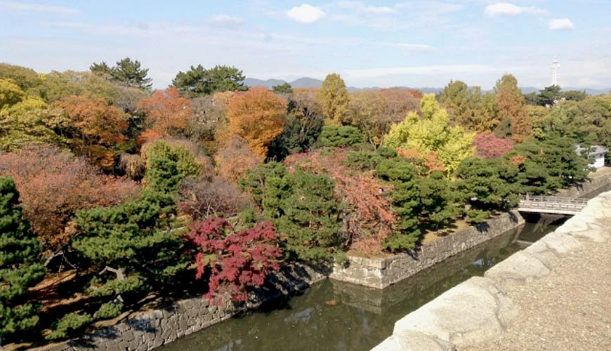 從「天守台遺跡」可眺望護城河堀周邊的紅葉風景<br>提供:AC写真