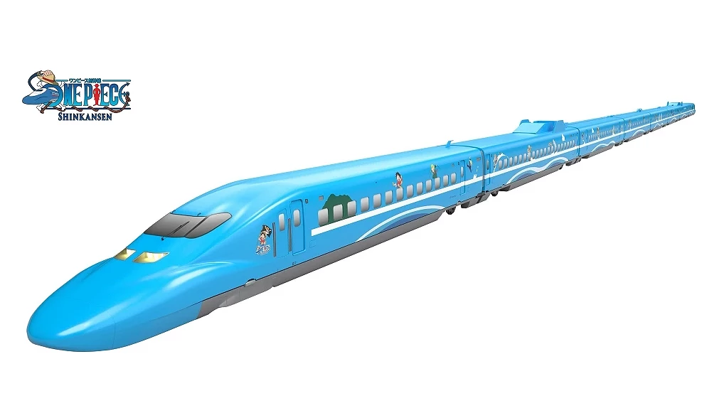 ONE PIECE藍色新幹線列車車身上繪有卡通人物與裝飾圖案