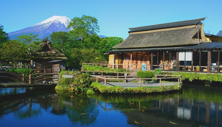 忍野八海夏天的翠綠與日式建築與富士山