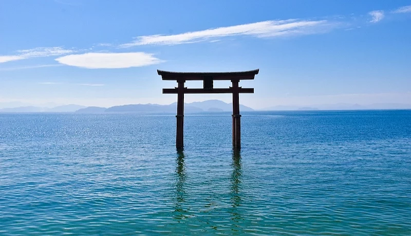 在湛蓝海洋中间的红色鸟居