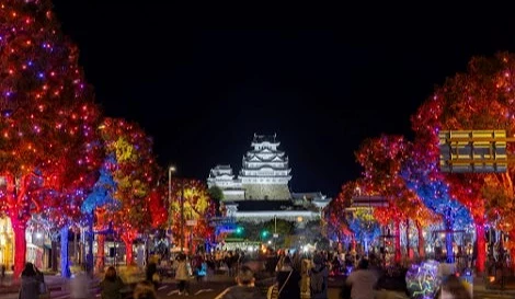 夜晚的姬路城圣诞灯饰景象,街道两旁的树木以红色与蓝色灯光点缀,远方可见白色姬路城亮起灯光