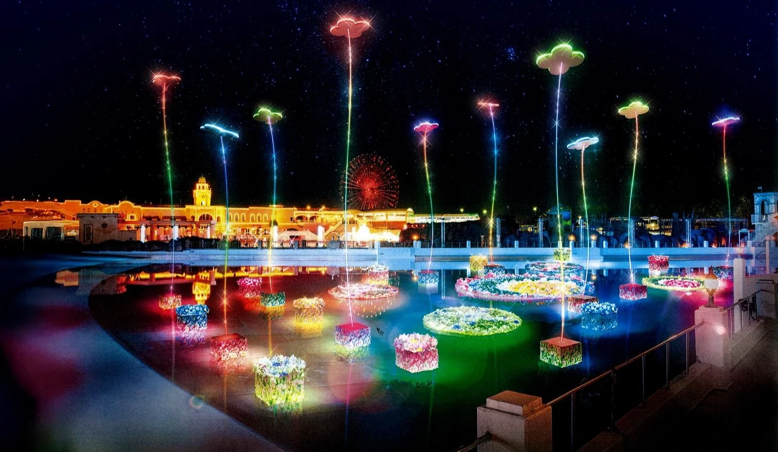 「光之花手水」水上无人机秀以多彩光影投射于池面,漂浮花形灯饰与彩色光束交织出奇幻夜景