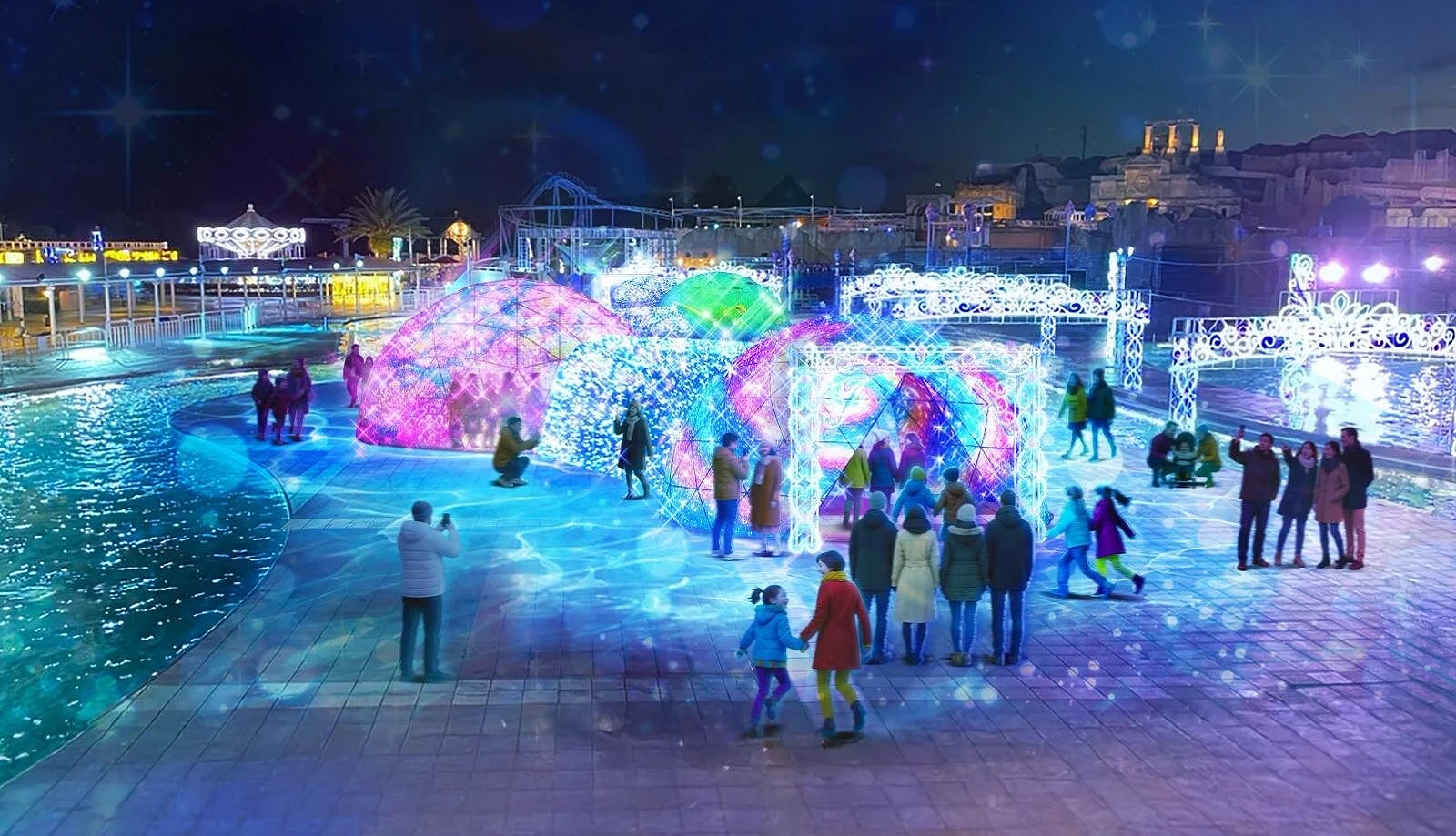 拉格娜登堡的「海洋幻境」灯光穹顶以蓝紫光晕环绕,游客在水边步道间欣赏灯影