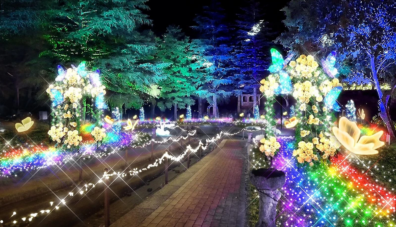 夜晚的虹之乡园区里,两侧布满花卉与蝴蝶灯饰的光之花道闪烁七彩灯光