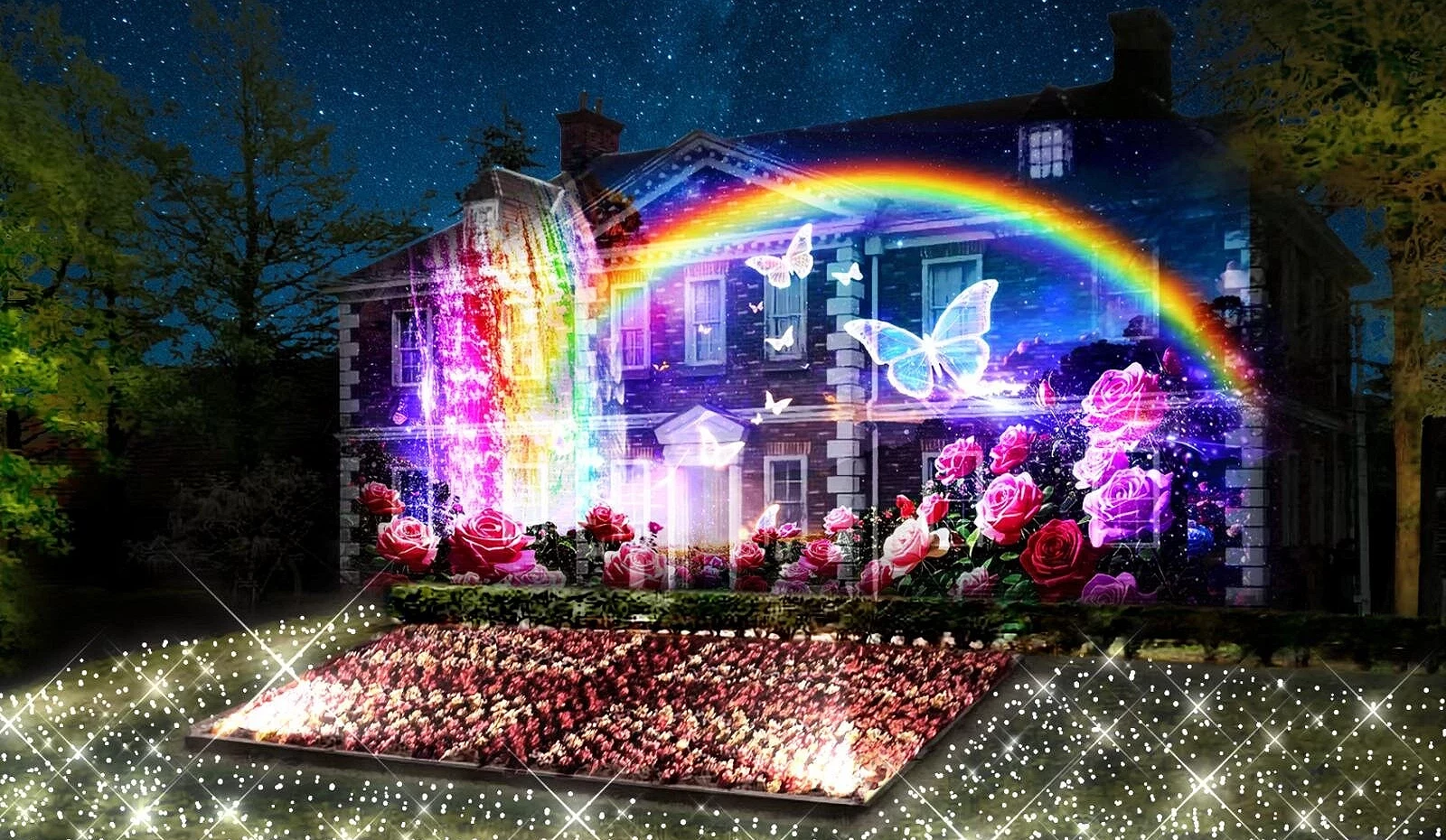 虹之乡英式洋馆上投射出彩虹与蝴蝶的投影,花园前铺满闪耀灯光