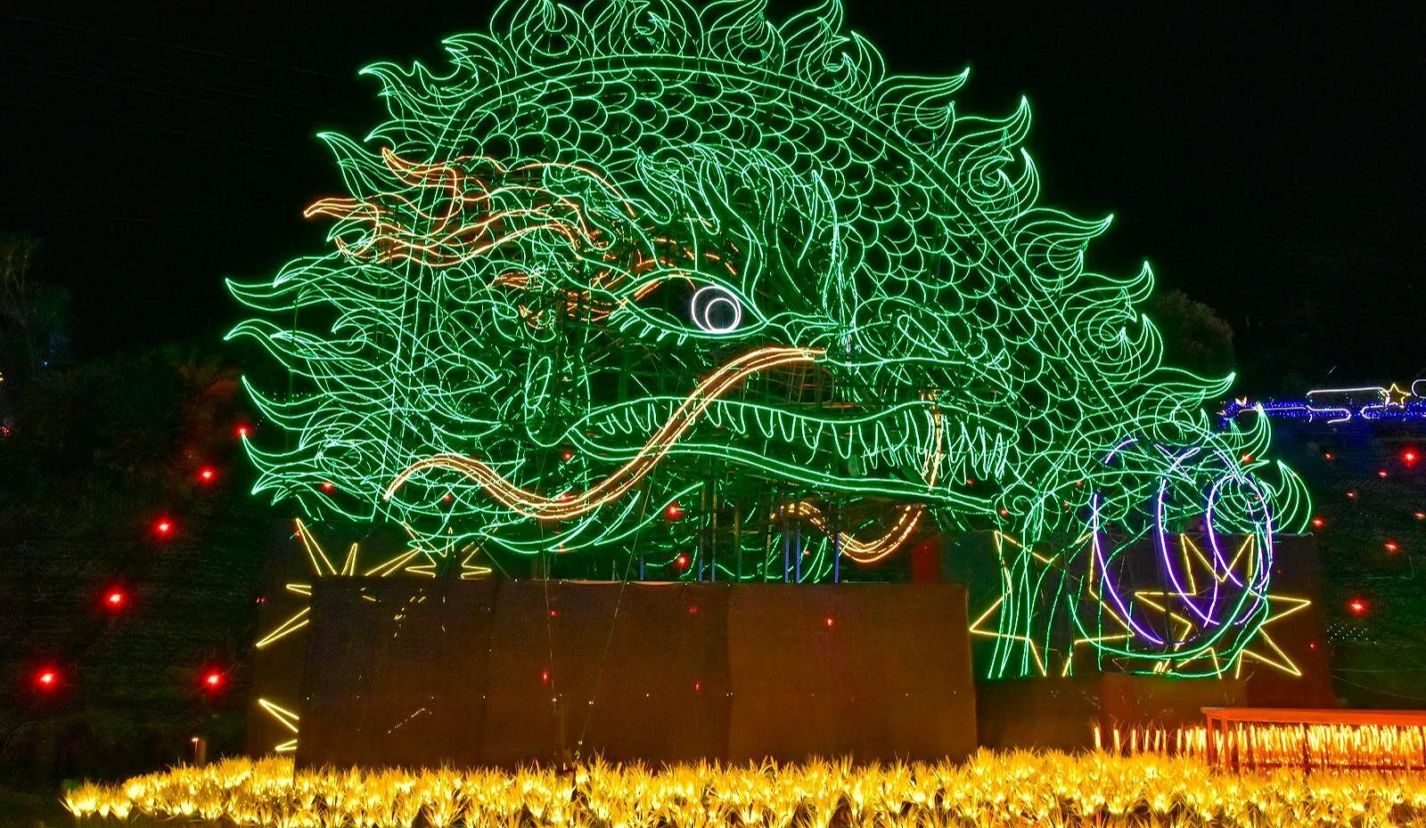 绿色霓虹线条勾勒出张牙舞爪的龙头造型,光芒映照夜空,充满震撼气势