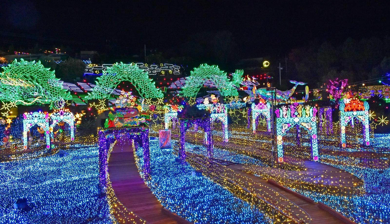 蓝光灯海中布满龙形与拱门灯饰,步道蜿蜒穿梭其中,整体景象华丽壮观