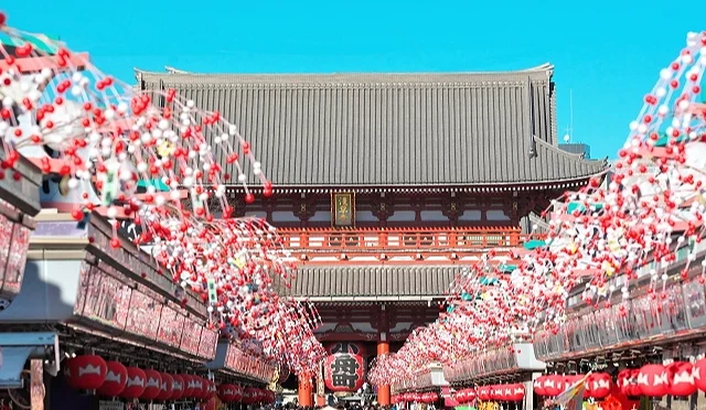 浅草寺仲见世通挂满红白新年装饰,前方涌入准备初诣的人潮,远方可见浅草寺本堂