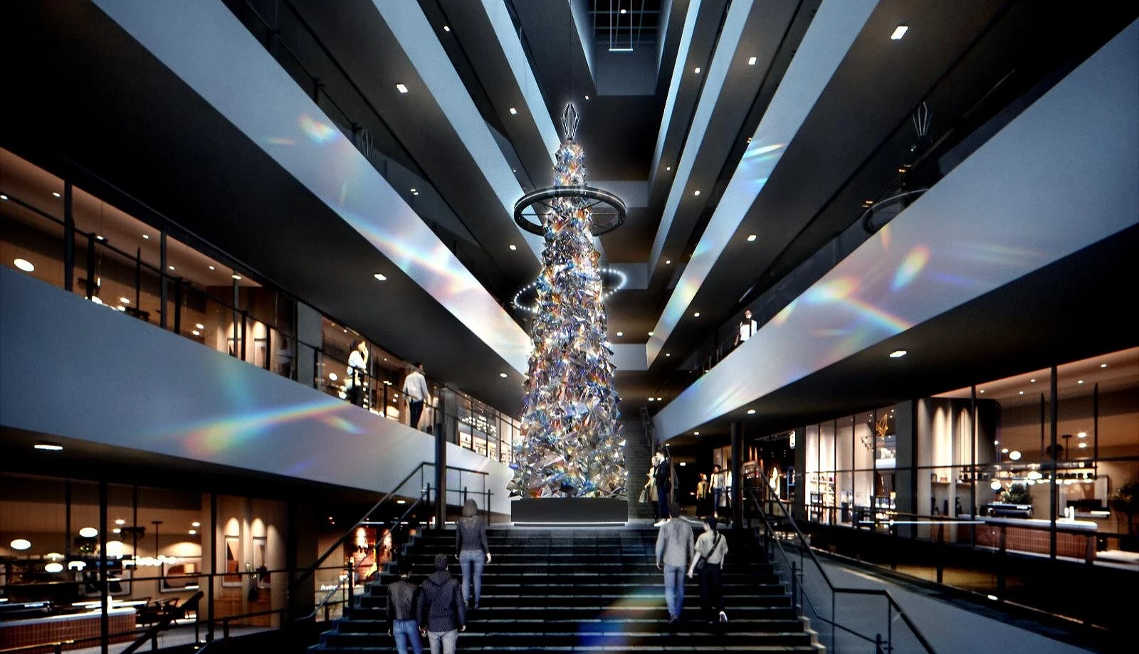 表参道Hills中庭阶梯中央竖立巨型棱镜圣诞树,游客在光影折射的空间内欣赏梦幻装饰