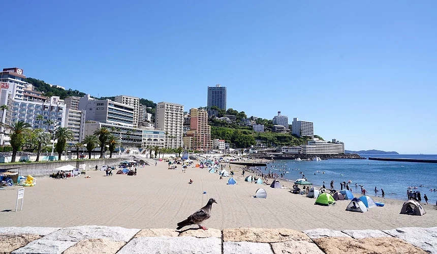 晴空下的热海太阳海滩,游客在沙滩与海边享受戏水时光