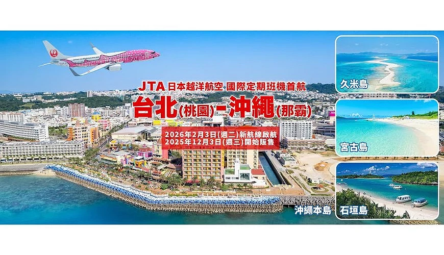 一架粉紅特別塗裝的日本越洋航空客機飛越沖繩海岸城市上空,前景為色彩繽紛的海岸建築群。右側配置三張小圖,分別呈現久米島、宮古島、沖繩本島與石垣島的蔚藍海景,同時顯示台北(桃園)至沖繩(那霸)航線的開航資訊