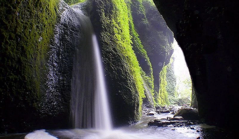 岩壁上充满绿色青苔的洞穴瀑布