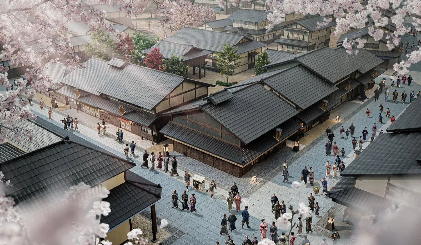 古時候的日式建築與及人們,旁邊點綴著櫻花的動畫圖