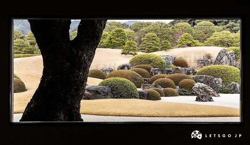 從室內大窗框望向足立美術館庭園,前景樹幹剪影與白砂庭、圓形灌木景致