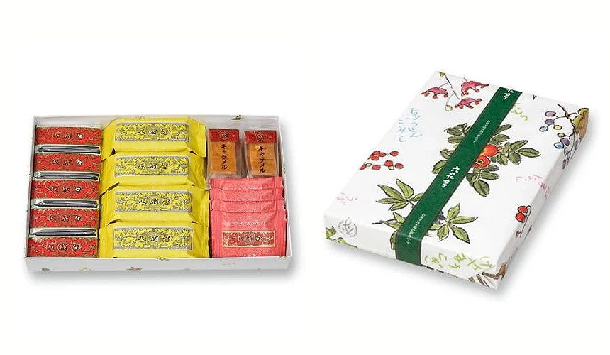 六花亭伴手礼礼盒内含多种口味的夹心饼与点心,搭配印有花卉图案的包装纸与绿色束带,呈现精致典雅的外观