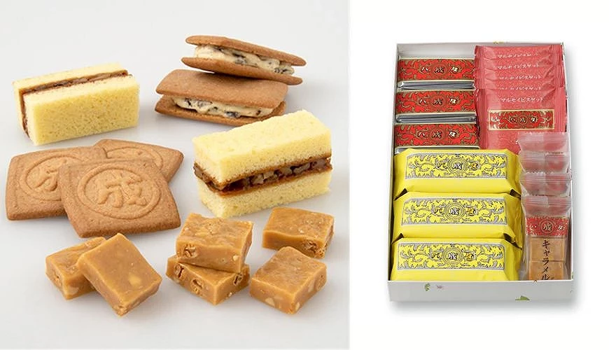 六花亭 MARUSEI 系列商品,包括奶油葡萄夹心饼、夹心蛋糕、饼干与焦糖,并有多款点心组合礼盒