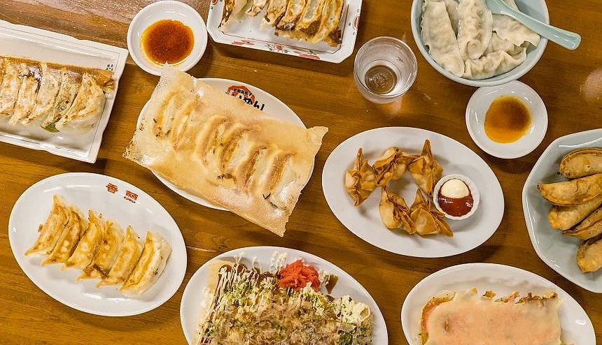 桌上摆满多盘宇都宫饺子,包含煎饺、水饺与不同造型口味,呈现丰富多样的饺子料理