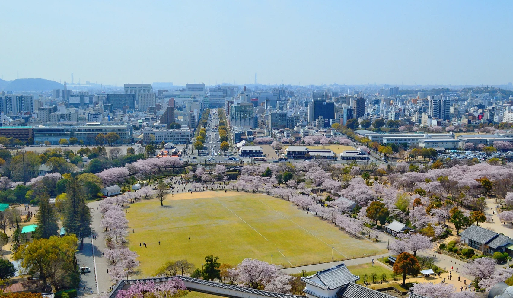 由姬路城天守阁眺望市区,可看见小小的市景与樱花树还有草地