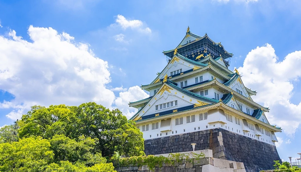 城墙、绿树与绿白相间的大阪城