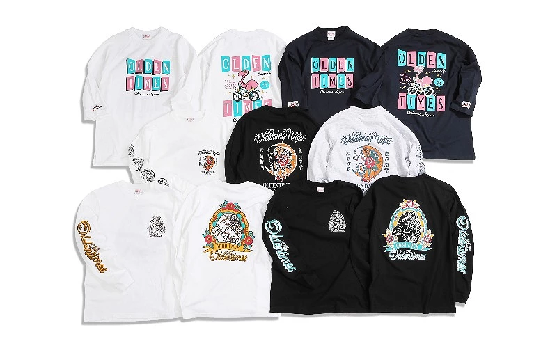 多款長袖上衣平鋪展示,胸前與背面印有 OLDEN TIMES 圖樣與角色插圖