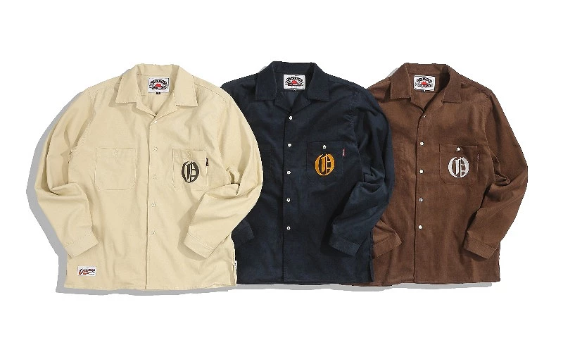 三件長袖襯衫並排展示,米色、深藍與棕色款胸前印有 OLDEN TIMES 字樣圖案