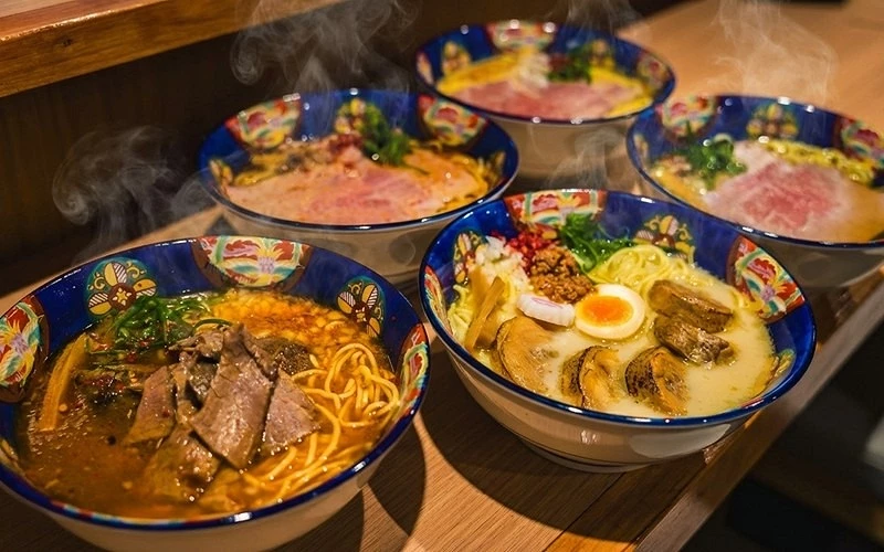 多碗不同口味的牛肉拉麵排列在吧檯上