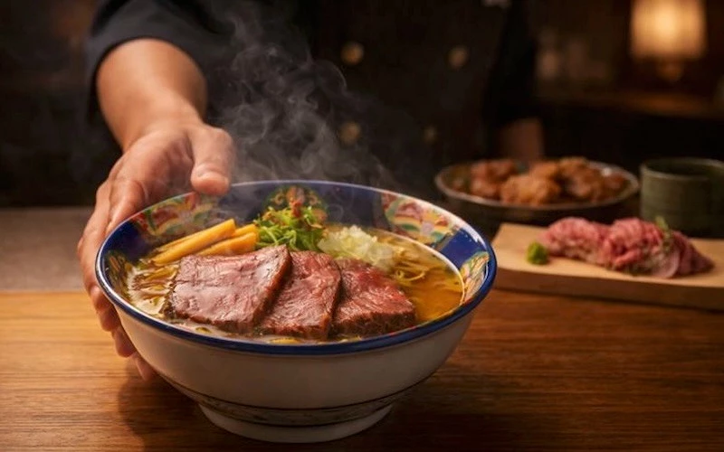 服務人員端著一碗牛肉拉麵，湯麵上鋪有厚切牛肉片