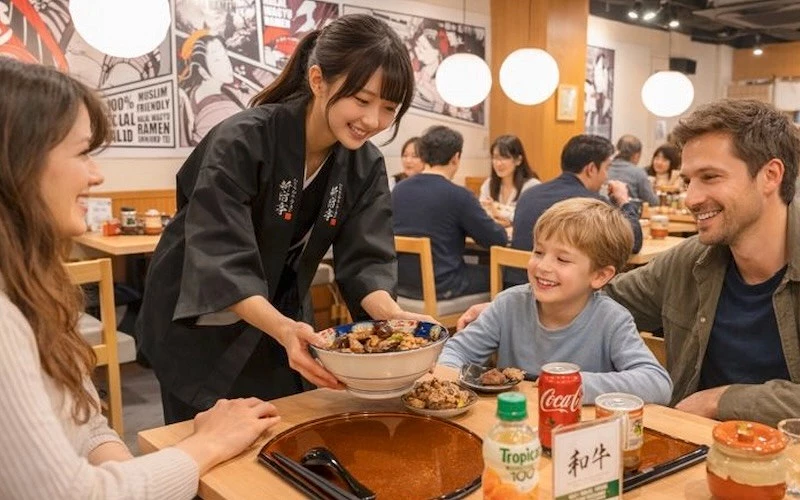 服務人員將牛肉拉麵端上桌，一家人圍坐用餐