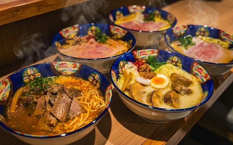 多碗不同口味的牛肉拉麵排列在吧檯上，碗中冒出熱氣