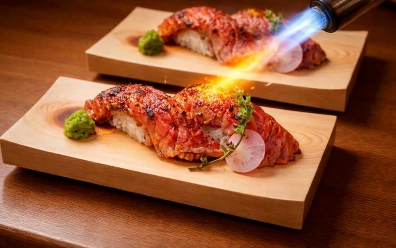 炙燒牛肉壽司放在木板上，噴槍火焰正在加熱