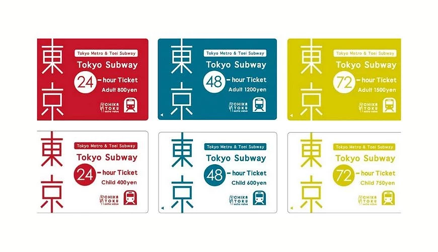 东京地下铁通票 Tokyo Subway Ticket 实体票券示意图,分为 24 小时、48 小时、72 小时三种版本,以红、蓝、黄三色区分