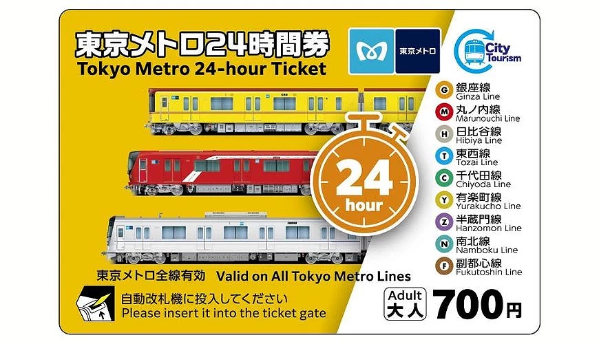 东京 Metro 24 小时券(Tokyo Metro 24-hour Ticket)宣传示意图,背景为黄色票券设计,中央标示「24 hour」,并展示东京 Metro 列车插图