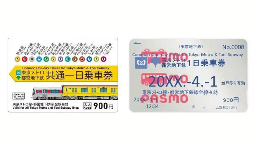 东京 Metro・都营地下铁共通一日券实体票券示意图,左侧为彩色设计的共通一日乘车券样式