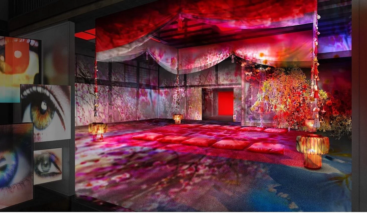 打著紅色系光影的屋內