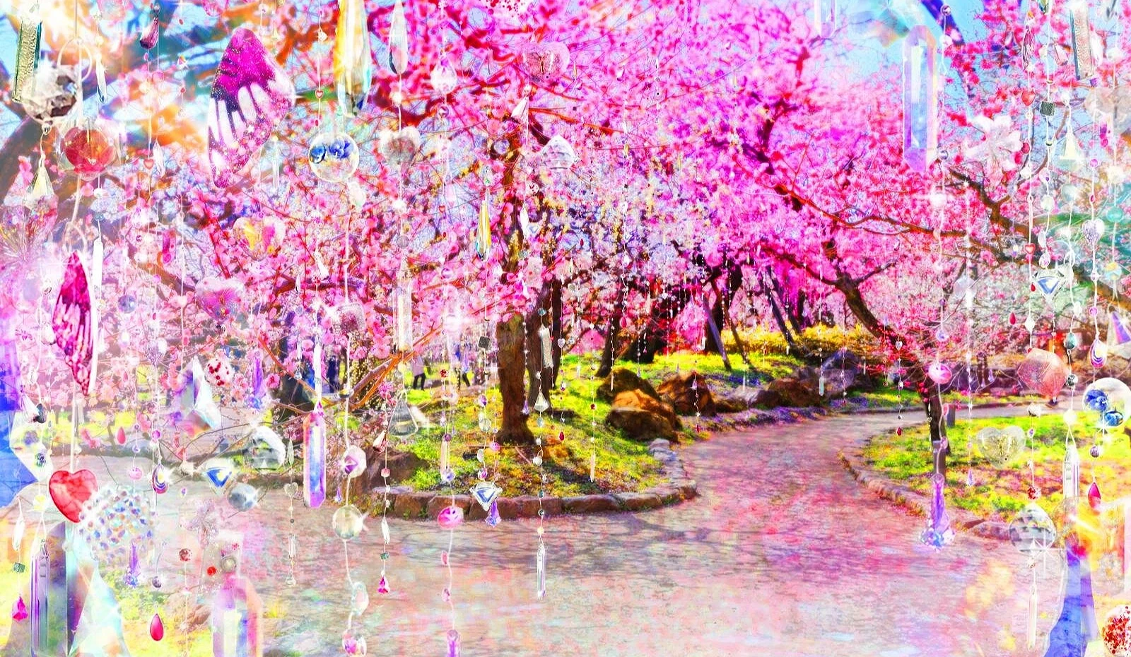 開著粉紅色花朵的樹與裝飾