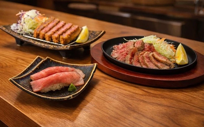 三份餐點擺放在桌上由左至右分別為炸豬排和牛握壽司及和牛鐵板料理