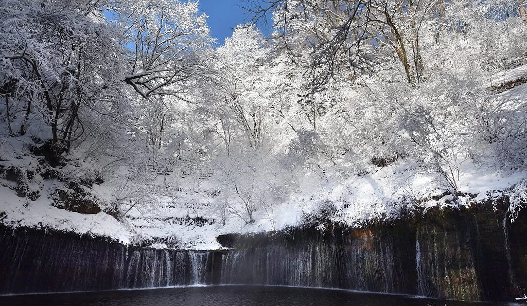 輕井澤白絲瀑布冬季景觀,樹木與山坡覆滿白雪,弧形瀑布自岩壁流下,下方為深色水潭與薄霧水氣