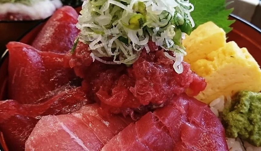 鮪魚海鮮丼特寫,包含生鮪魚切片、剁碎鮪魚、玉子燒與蔥花的日式丼飯