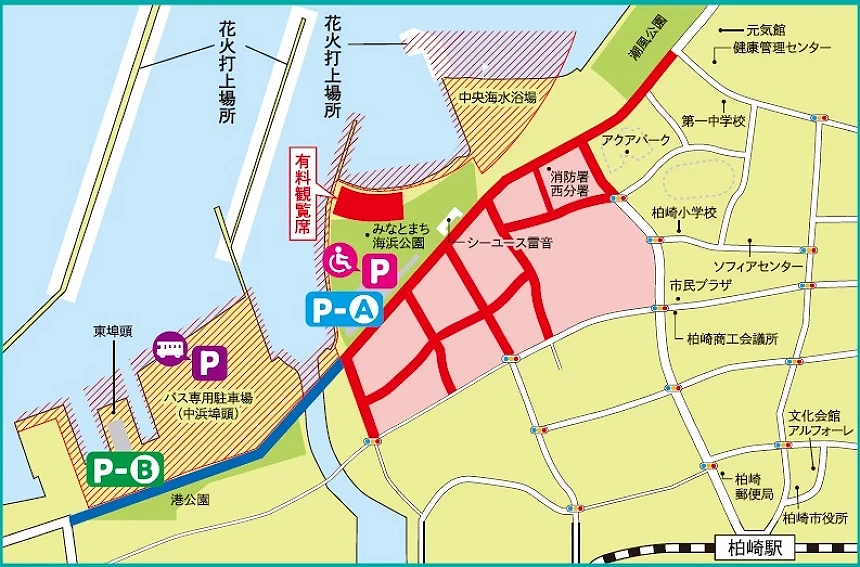 日文煙火大會會場地圖,標示有煙火施放場所、停車場 P-A 與 P-B、海濱公園及周邊道路管制區域