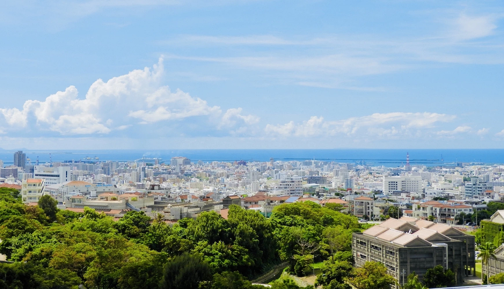 俯瞰那霸市区全景,前景为绿意树林与建筑群,远方可见蓝色海岸线与开阔天空