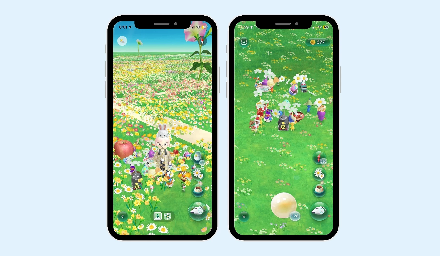 两支手机画面显示《Pikmin Bloom》游戏场景,玩家角色站在开满花朵的草地上,周围有多只皮克敏,另一画面则展示队伍在地图上种花与行动的画面。