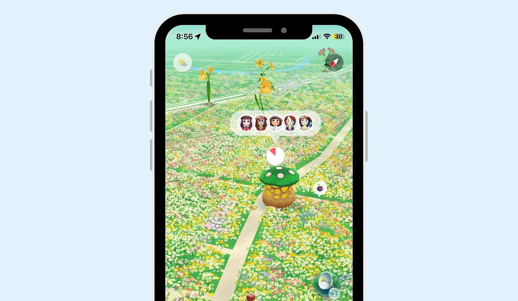 手机画面显示《Pikmin Bloom》地图,满布花朵的路径中出现巨大蘑菇,画面上显示多位玩家头像,代表可一起参与蘑菇挑战