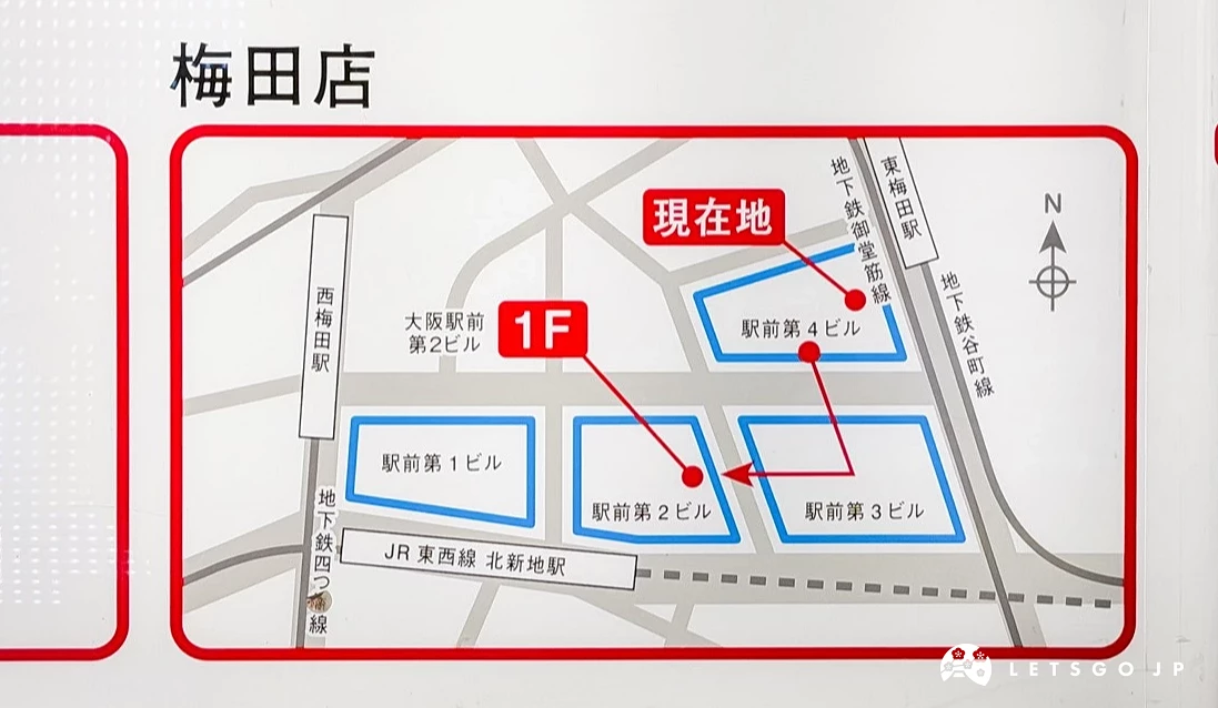 一塊平面導覽圖。圖上以紅框標示「現在地」,並用藍色實線箭頭指引路徑,路徑經過「大阪駅前第 1 ビル」、「第 2 ビル」直至「JR 北新地站」。