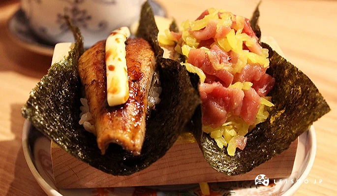 左為鰻魚奶油壽司卷，右為鮪魚腹肉醃蘿蔔卷。