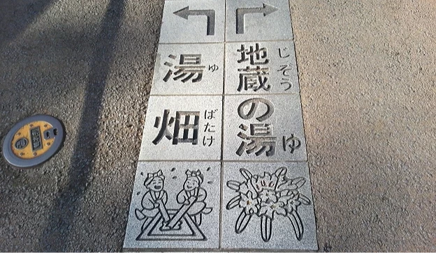 草津温泉街地面石板指标标示汤畑与地藏之汤方向