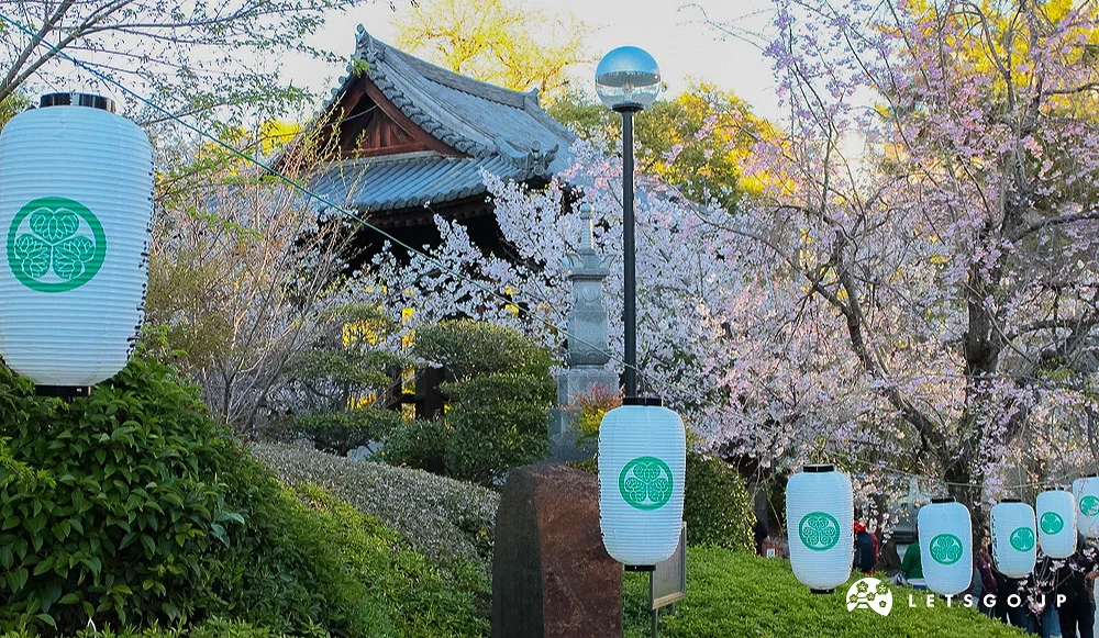增上寺境内悬挂着印有德川家纹的白色灯笼,背景为盛开的樱花与寺庙建筑。