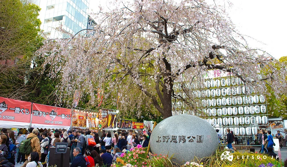 上野恩赐公园入口,圆形石碑后方有盛开的垂樱与排满灯笼的墙。